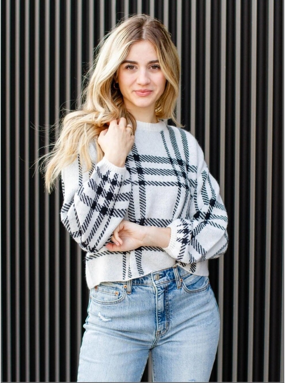 Z Supply Solange Plaid Crewneck Sweater - Black & Cream Oat - Size: L - NWOT
